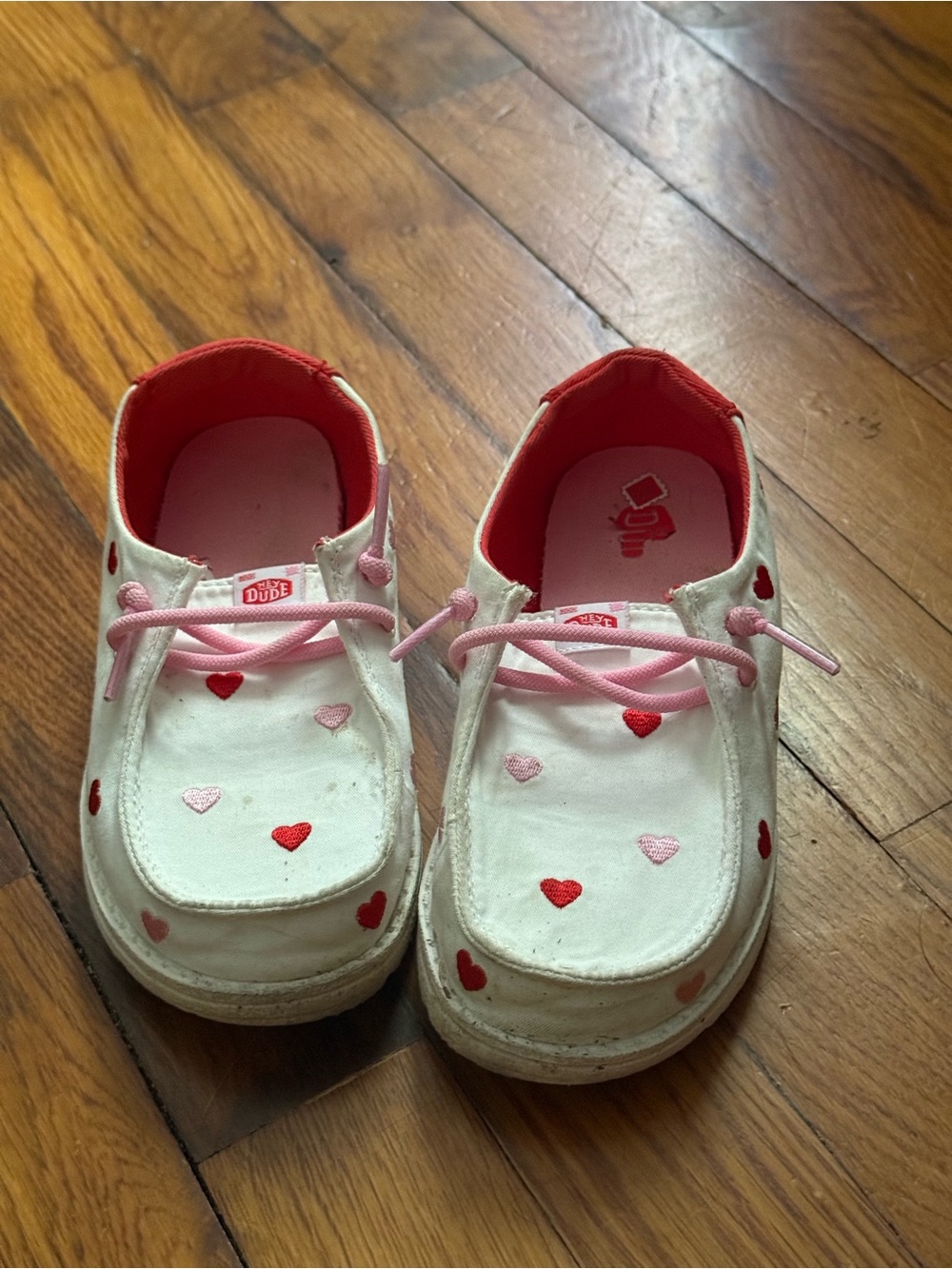 Hey Dude Kids White Canvas Sneakers with Red and Pink Heart Accents